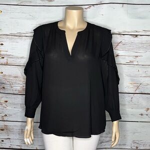 T Tahari Woman NWT Size 1X Black Split V-Neck Ruffle Long Sleeve Blouse Top